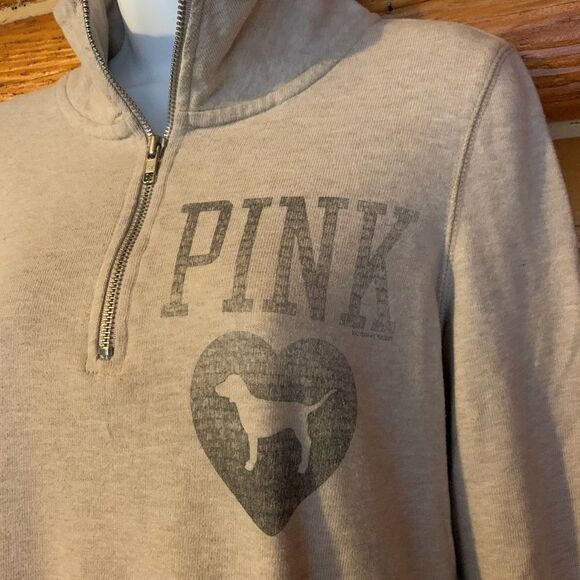 Victoria's Secret PINK Half Zip Heather Beige Tan Pullover Sweatshirt Sm… - Picture 4 of 12